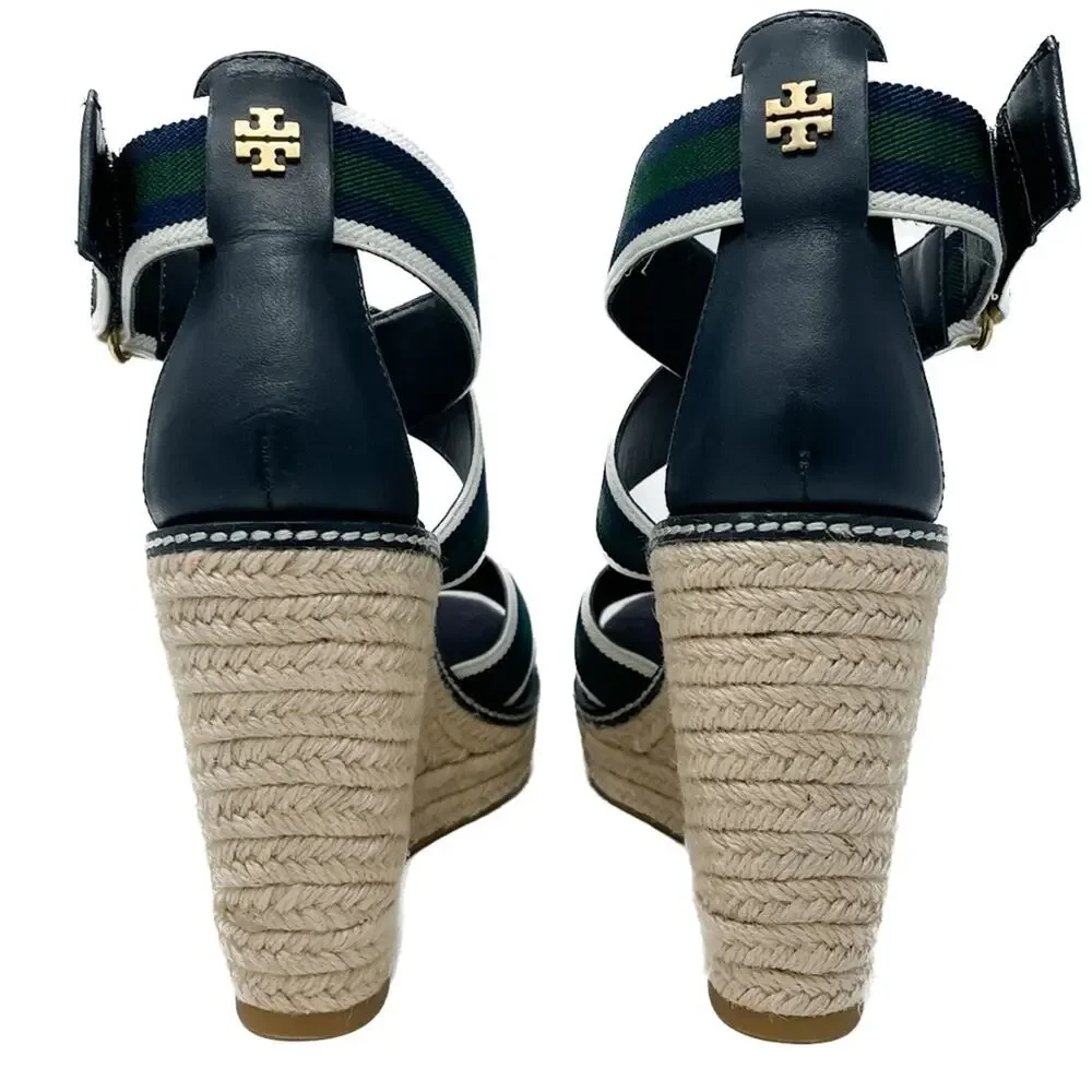 Tory Burch Frieda Green Navy White Stripe Canvas Leather Espadrilles size 9.5